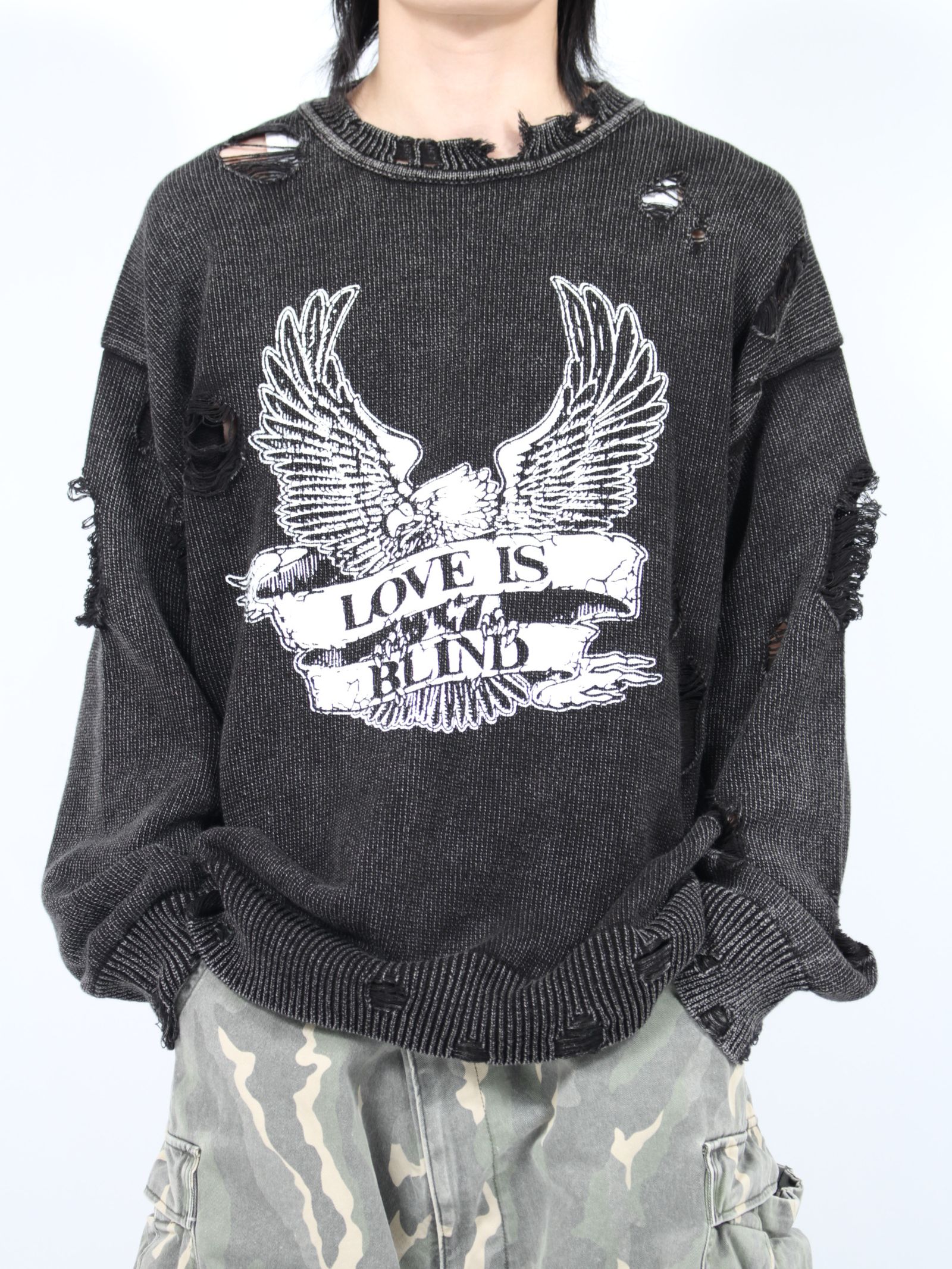 【24AW】ブリーチド プリンテッド プルオーバーニット / BREACHED PRINTED KNIT PULLOVER / ブラック