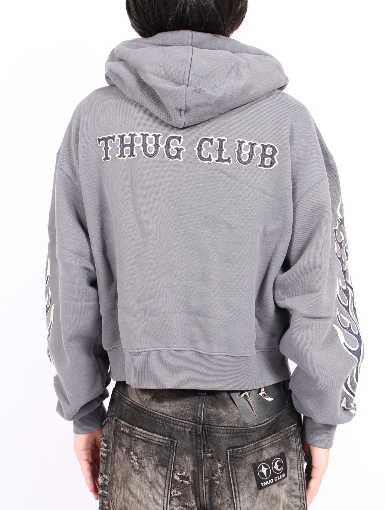 【25AW】 レザー フレーム クロップド ジップアップ パーカー / LEATHER FLAME CROPPED HOODED ZIP-UP / グレー