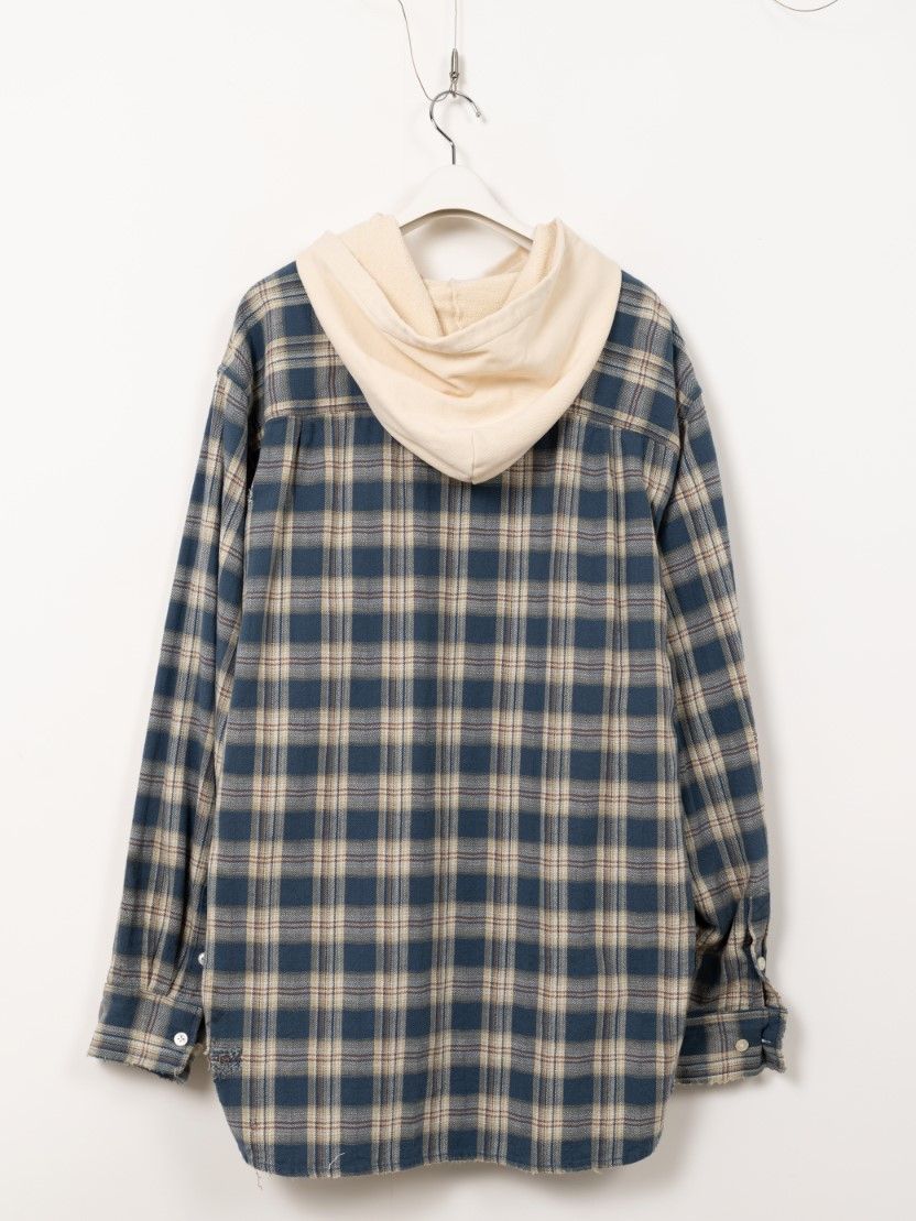 【25SS】ディストレスト チェック シャツフーディー パーカー / DISTRESSED CHECK SHIRT HOODIE / ブルー