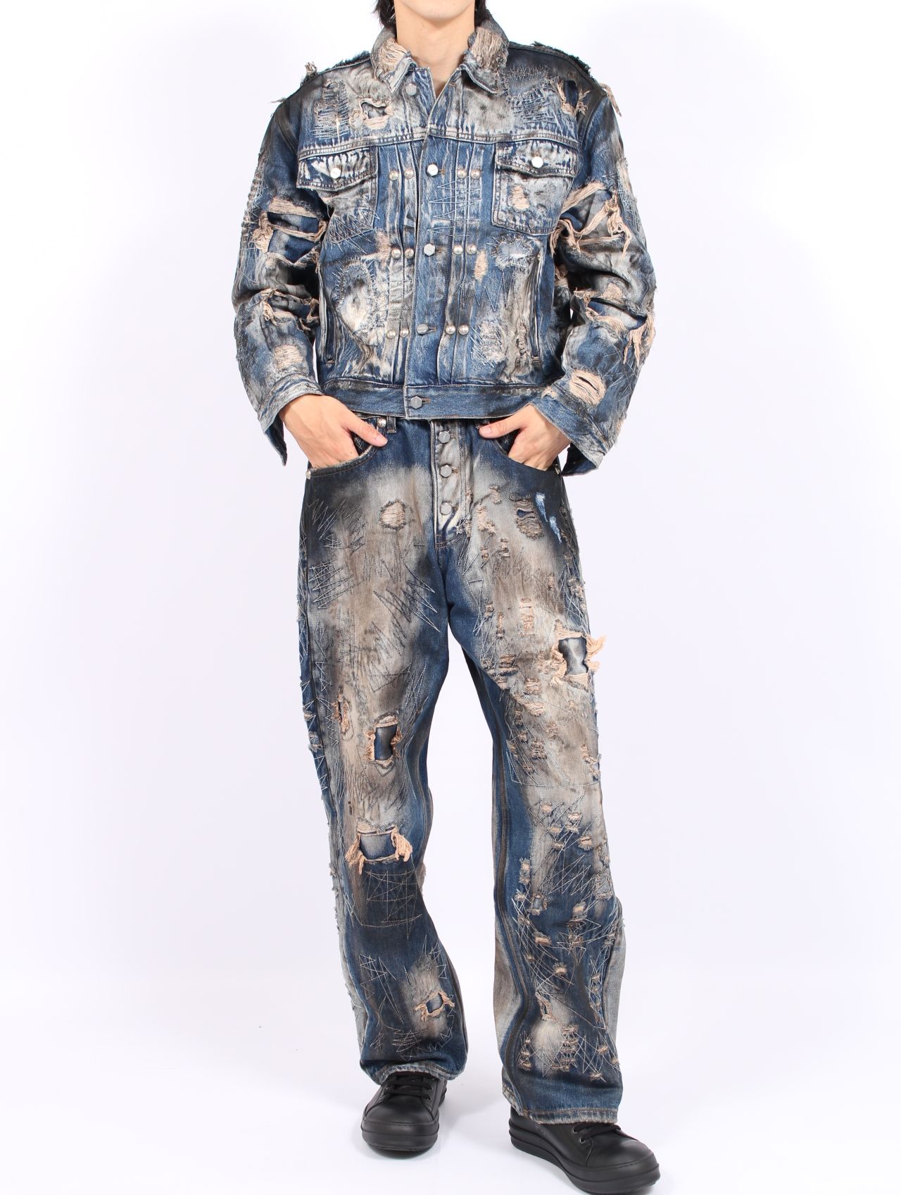 【25AW】ハードウォッシュド ダメージ デニム ジャケット / HARD-WASHED DAMAGED DENIM JACKET / ブルー