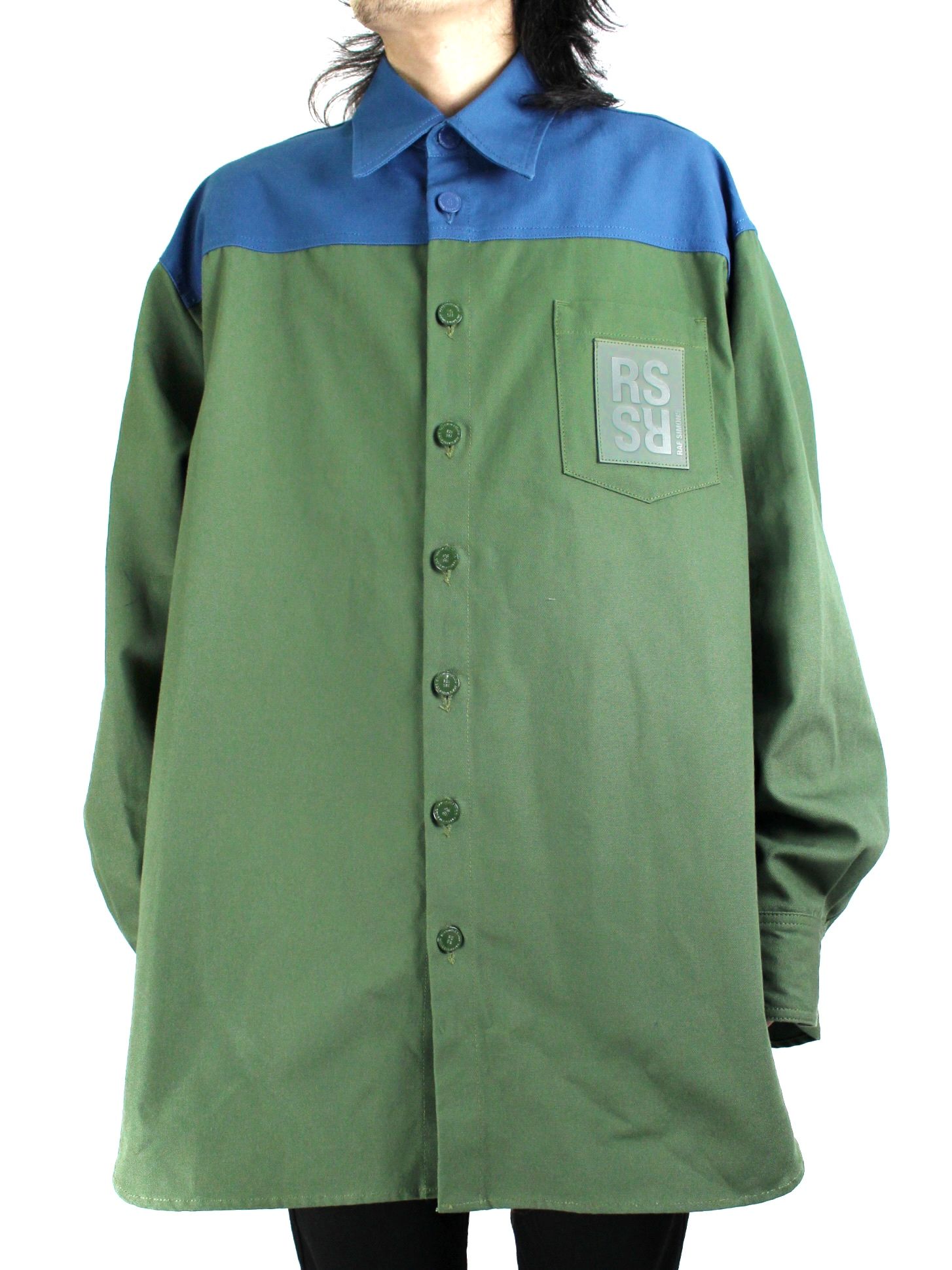 ラフシモンズ 22AW 222-M244 Oversized bicolor denim shirts with R pin in back バイカラーオーバーサイズデニム長袖シャツ  メンズ XS