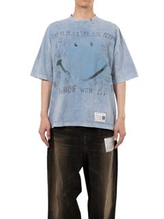 【25SS】ブリーチ加工 スマイリー フェイス プリント 半袖 Tシャツ / BLEACHED SMILY FACE PRINTED TEE / ブルー
