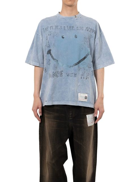 【25SS】ブリーチ加工 スマイリー フェイス プリント 半袖 Tシャツ / BLEACHED SMILY FACE PRINTED TEE / ブルー
