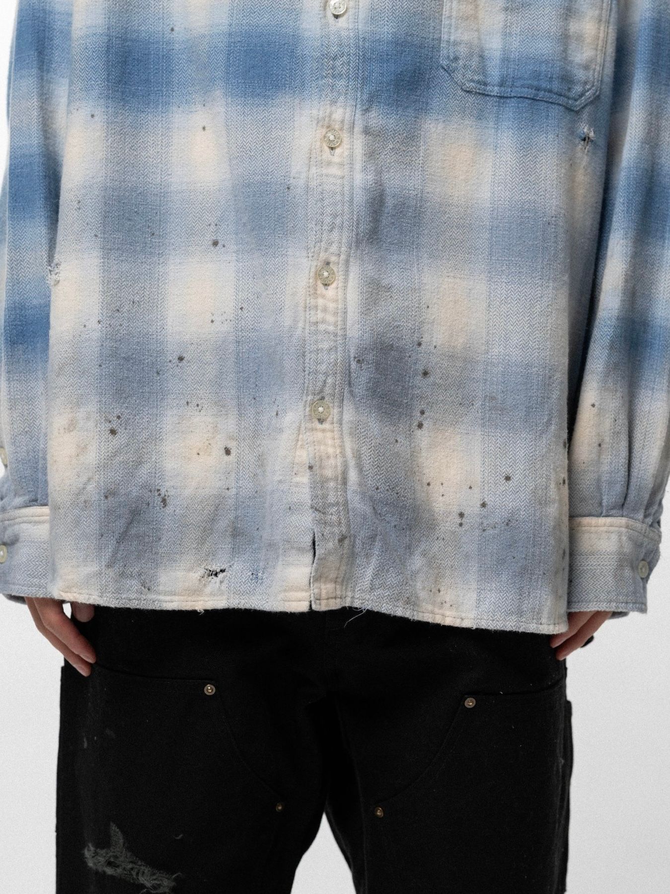 【26SS】ディストレスド フーディッド チェック シャツ / DISTRESSED HOODED CHECKED SHIRT / ブルー