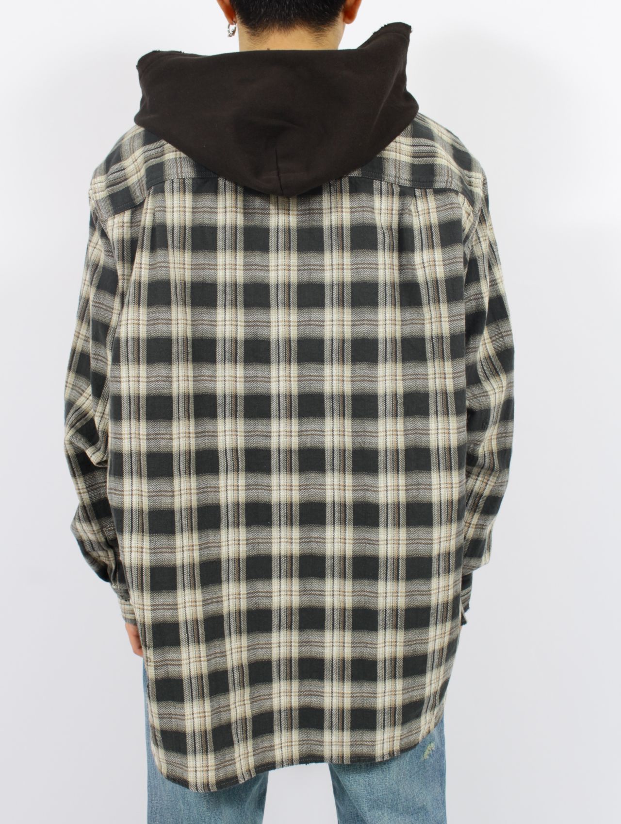 【25SS】ディストレスト チェック シャツフーディー パーカー / DISTRESSED CHECK SHIRT HOODIE / ブラック