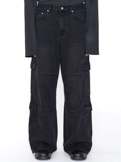 【24AW】フレア デニム カーゴパンツ / BLACK DENIM FLARED CUT CARGO PANTS / ブラック