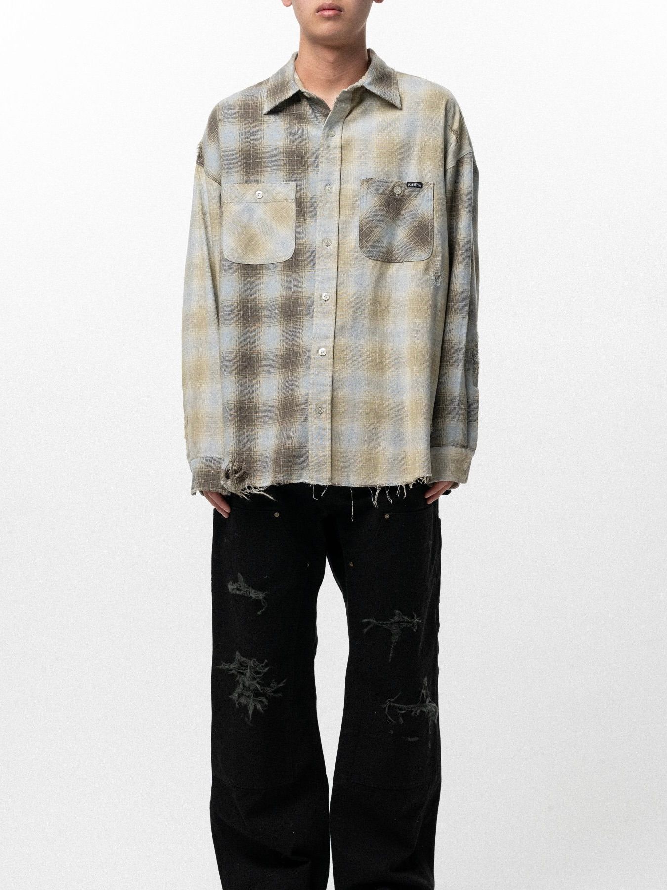 【26SS】リペアド クレイジー チェック シャツ / REPAIRED CRZY CHECK SHIRT / ベージュ