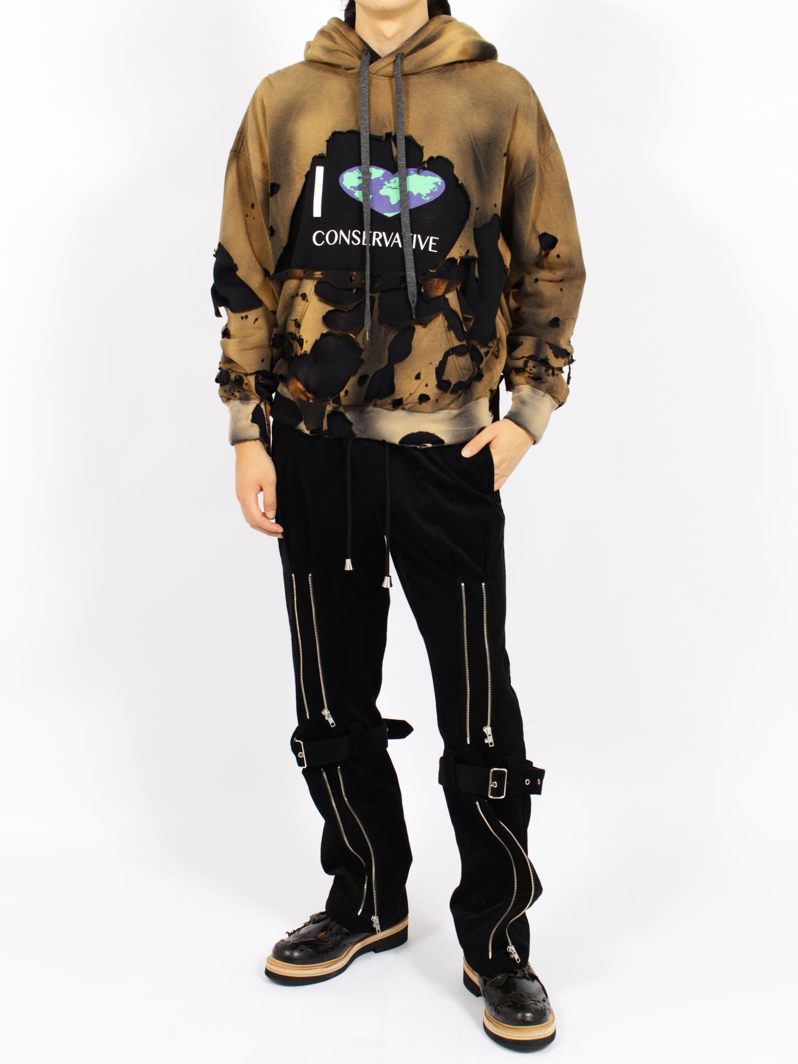 【26AW】ヒドゥン コンサバティブ フーディー ダメージ加工 2重 パーカー /  HIDDEN CONSERVATIVE HOODIE / ブラック