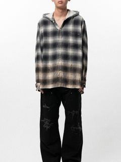 【26SS】ディストレスド フーディッド チェック シャツ / DISTRESSED HOODED CHECKED SHIRT / ブラック