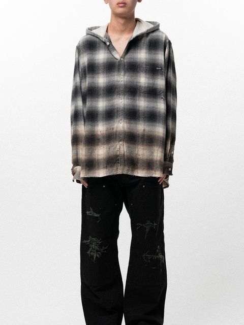 【26SS】ディストレスド フーディッド チェック シャツ / DISTRESSED HOODED CHECKED SHIRT / ブラック