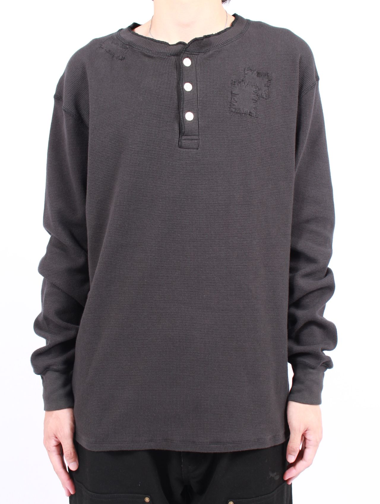 【25AW】ボロ ワッフルニット ヘンリー ロングスリーブ Tシャツ / BORO WAFFLEKNIT HENLEY L/S TEE / ブラック