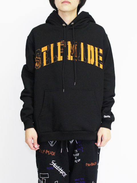 【20AW】刺繍柄 ダメージ加工 パーカー / BLACK  HOODIE  WITH  RIPPED  EMBROIDERY / ブラック × オレンジ