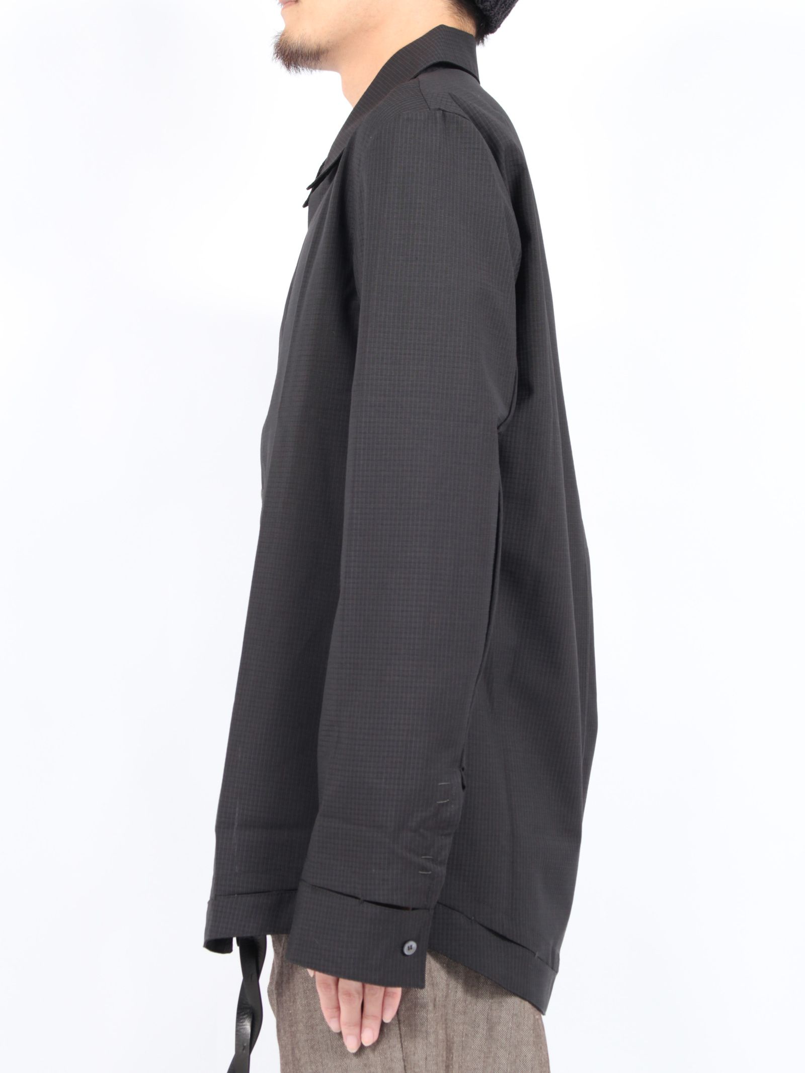 【24AW】ウール ハンドステッチ ヘム ボーダー リラックスフィット シャツ / HAND-STITCHED HEM BORDER RELAXED FIT SHIRT / ブラック