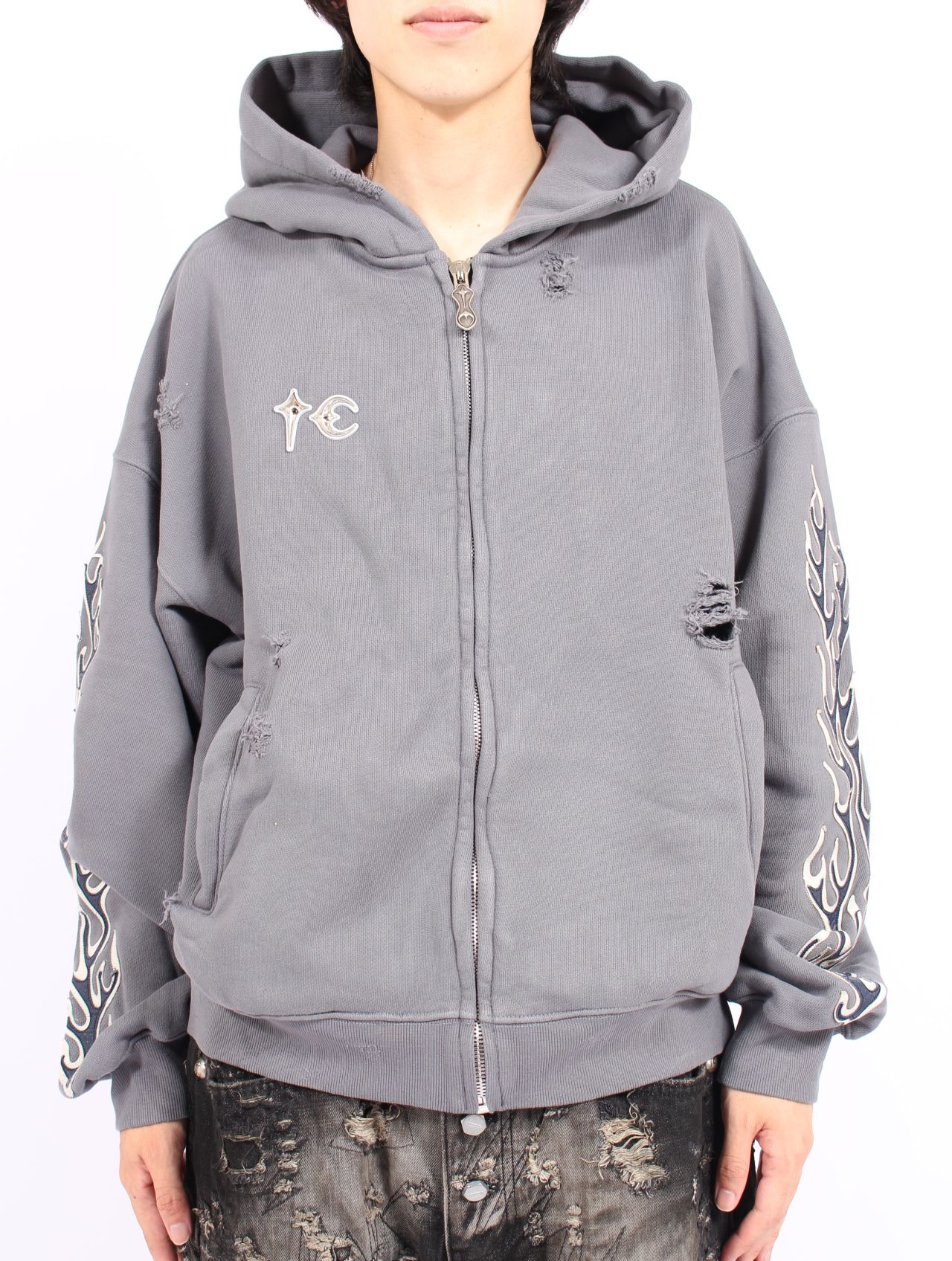 【25AW】レザー フレーム ジップアップ パーカー / LEATHER FLAME HOODED ZIP-UP / グレー