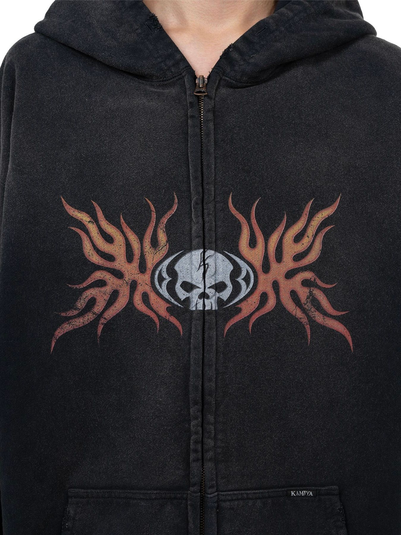 【25AW】スカル フレイム ディストレスド ジップ パーカー / "SKULL FLAME"DISTRESSED ZIP HOODIE / ブラック