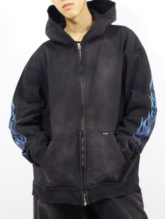 【25SS】"カミヤ-ファイア" ディストレスド ジップ フーディー パーカー / “KMY-FIRE” DISTRESSED ZIP HOODIE / ブラック