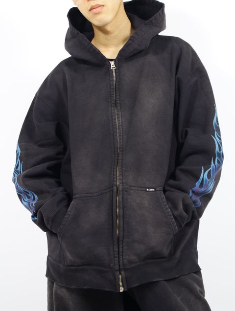 【25SS】"カミヤ-ファイア" ディストレスド ジップ フーディー パーカー / “KMY-FIRE” DISTRESSED ZIP HOODIE / ブラック
