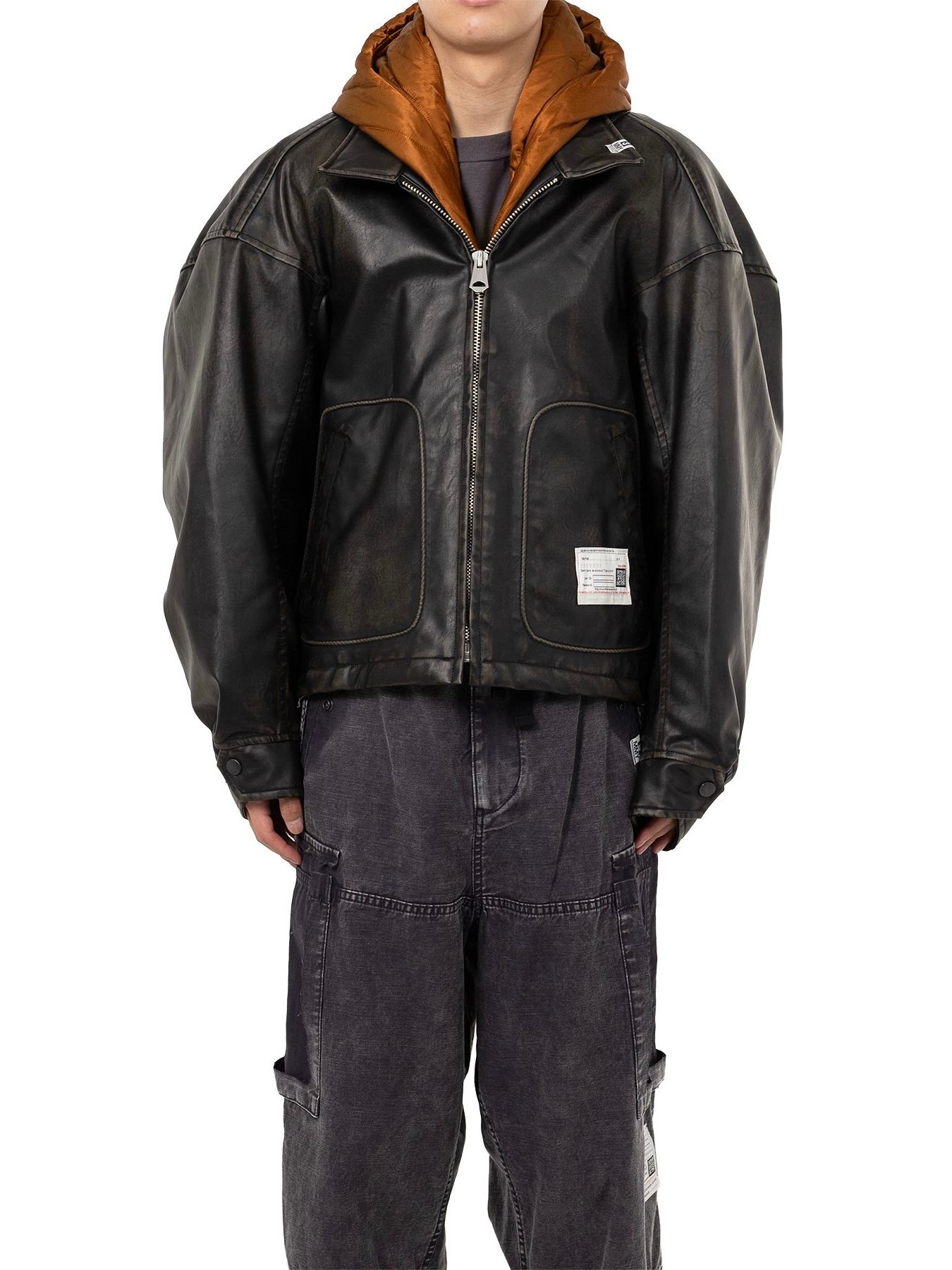 【25AW】エクステンデッド プラケット フード コーテッド レザー ジャケット / LEATHER JACKET / ブラック