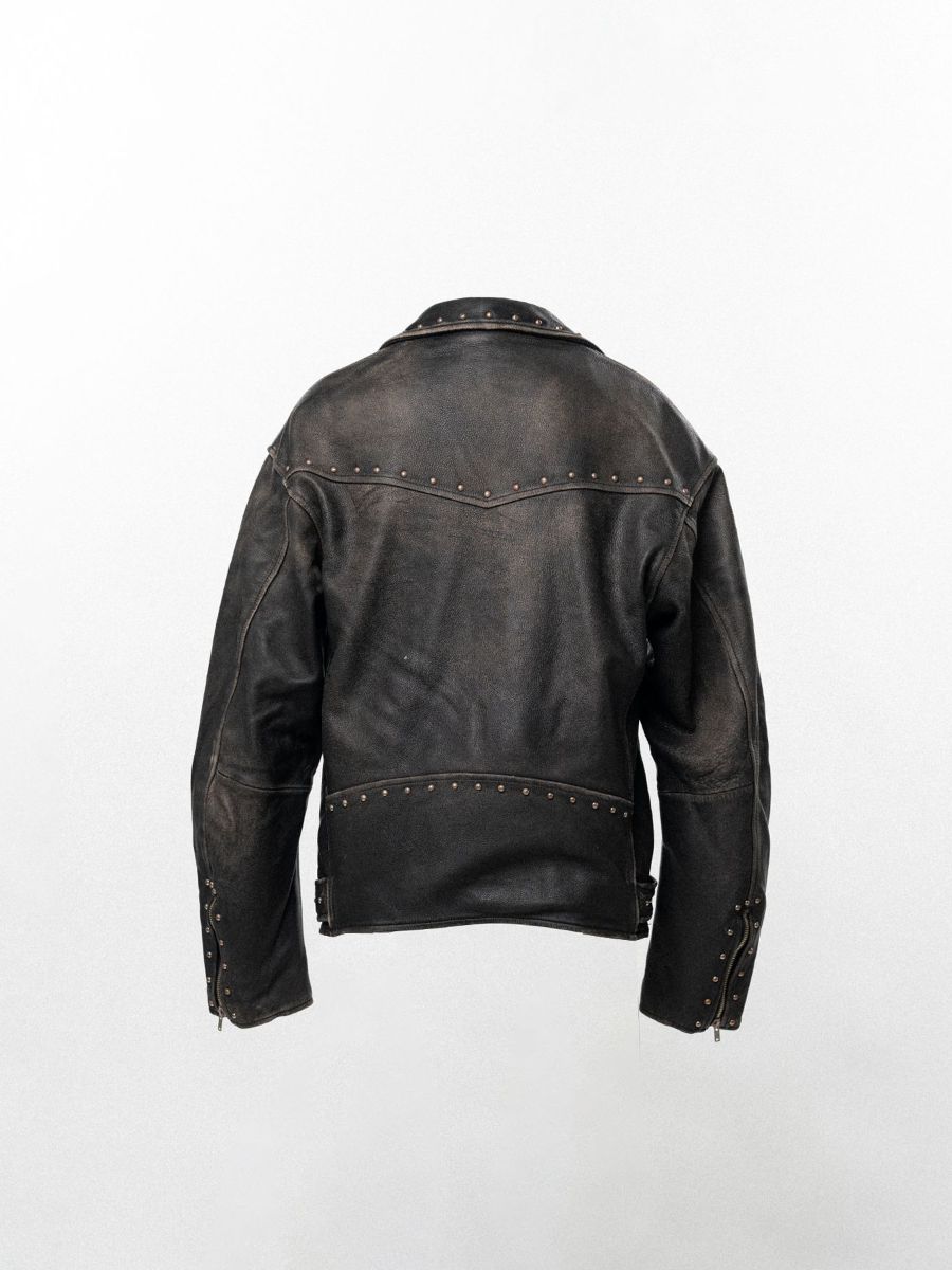 【26AW】 ディストレスト レザー スタデッド バイカー ジャケット / DISTRESSED LEATHER STUDDED BIKER JACKET / ブラック