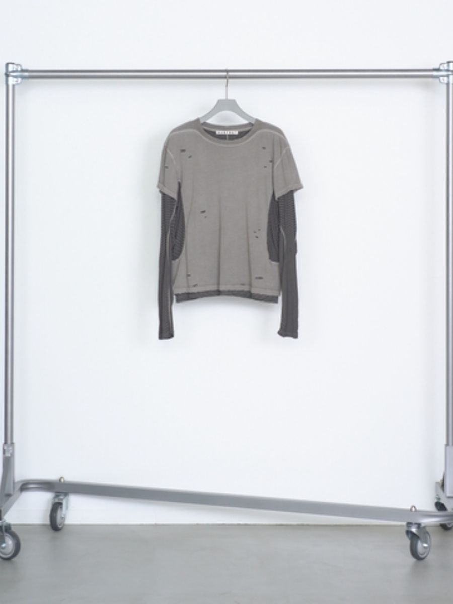 ディストレスド パネルド レイヤード スリーブ Tシャツ 長袖 カットソー / DISTRESSED PANNELD LAYERD SLEEVE T-SHIRT / COMPOST (グレー)