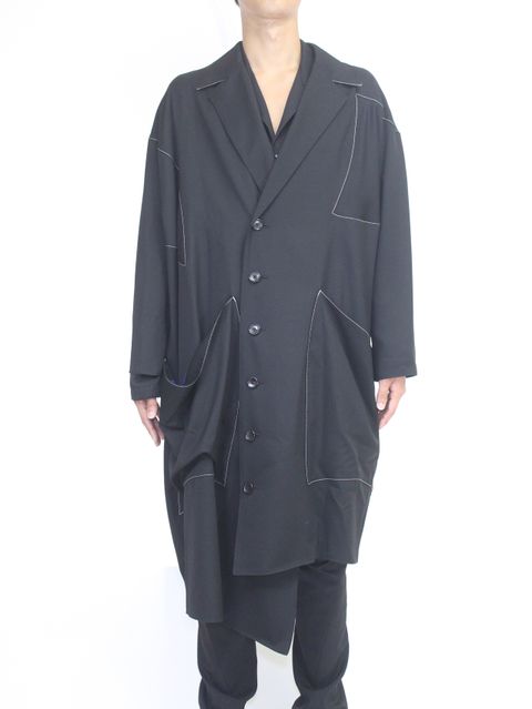ウールギャバ アシンメトリー オーバーコート / Gabardine over coat / ブラック × ネイビー