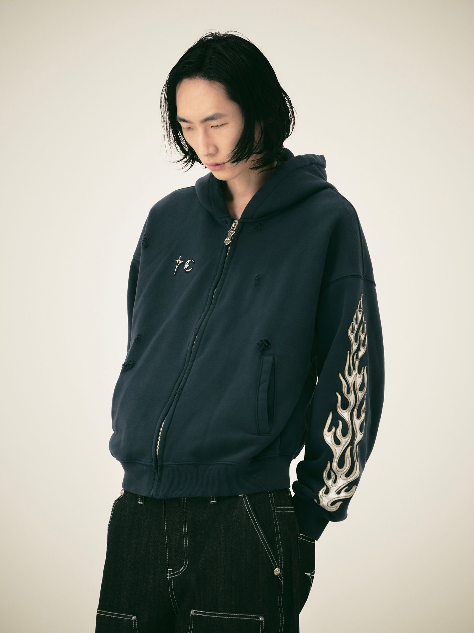【25AW】レザー フレーム ジップアップ パーカー / LEATHER FLAME HOODED ZIP-UP / ネイビー