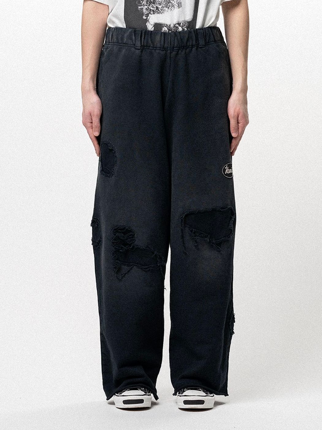 【26SS】リペアド ネイム パッチ ワイド スウェット パンツ / REPAIRED NAME PATCH WIDE SWEAT PANTS / ブラック