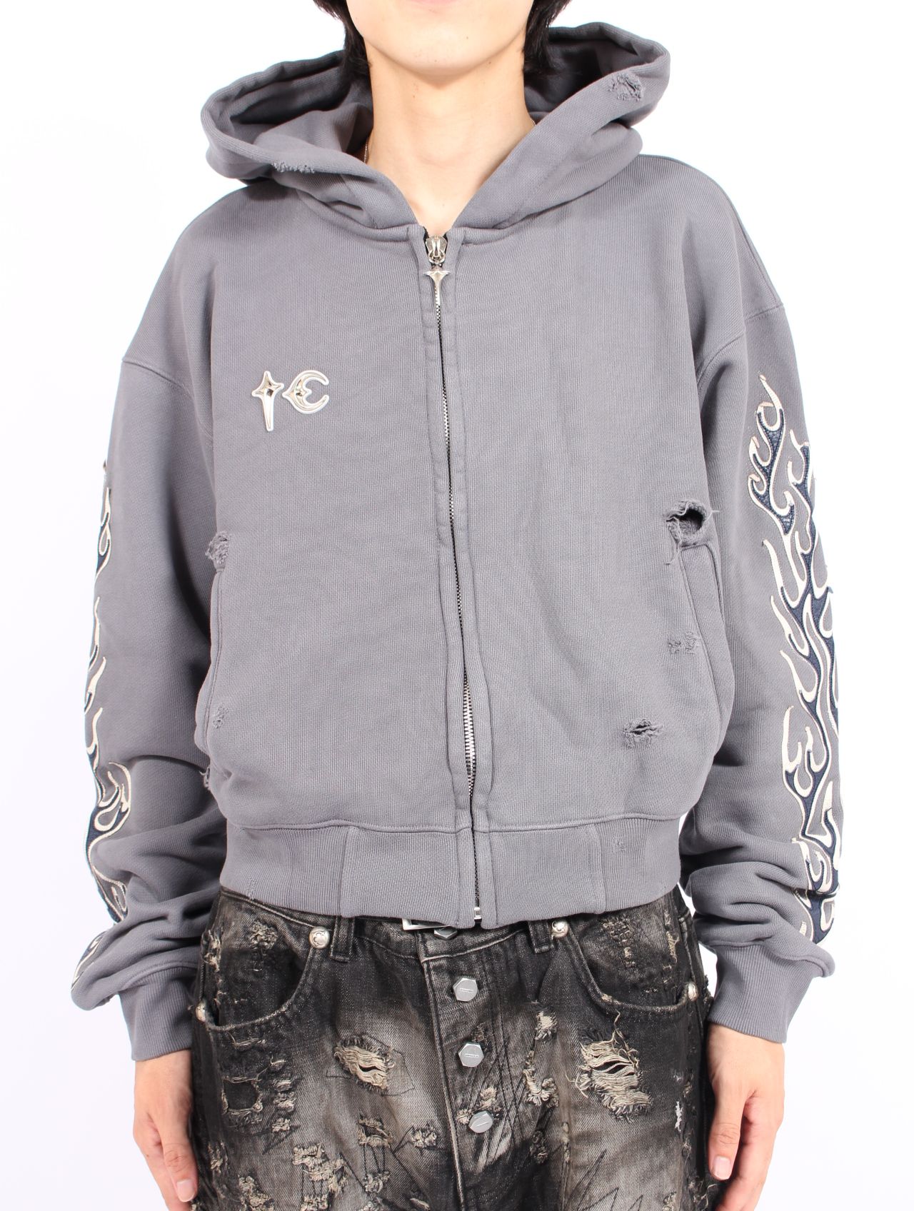 【25AW】 レザー フレーム クロップド ジップアップ パーカー / LEATHER FLAME CROPPED HOODED ZIP-UP / グレー
