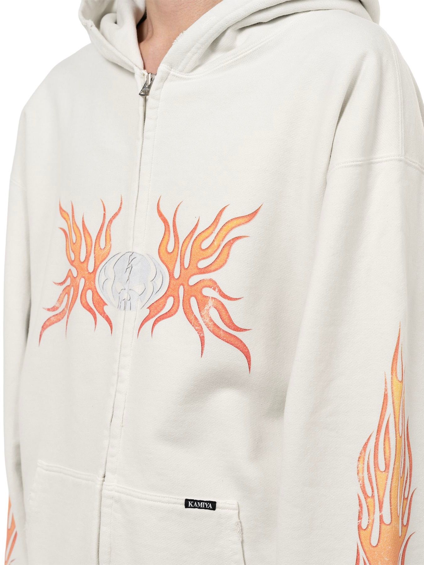 【25AW】スカル フレイム ディストレスド ジップ パーカー / "SKULL FLAME"DISTRESSED ZIP HOODIE / ホワイト