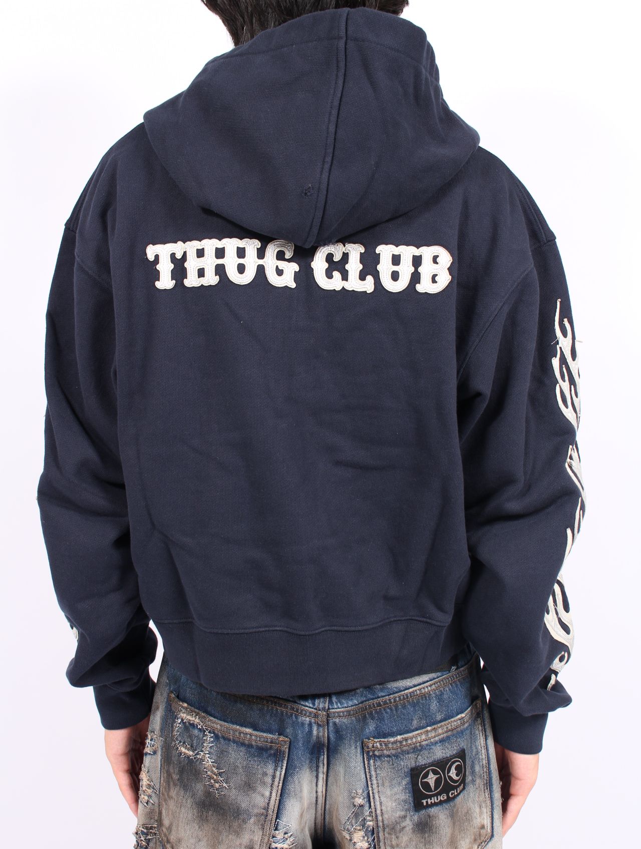 【25AW】レザー フレーム クロップド ジップアップ パーカー / LEATHER FLAME CROPPED HOODED ZIP-UP / ネイビー
