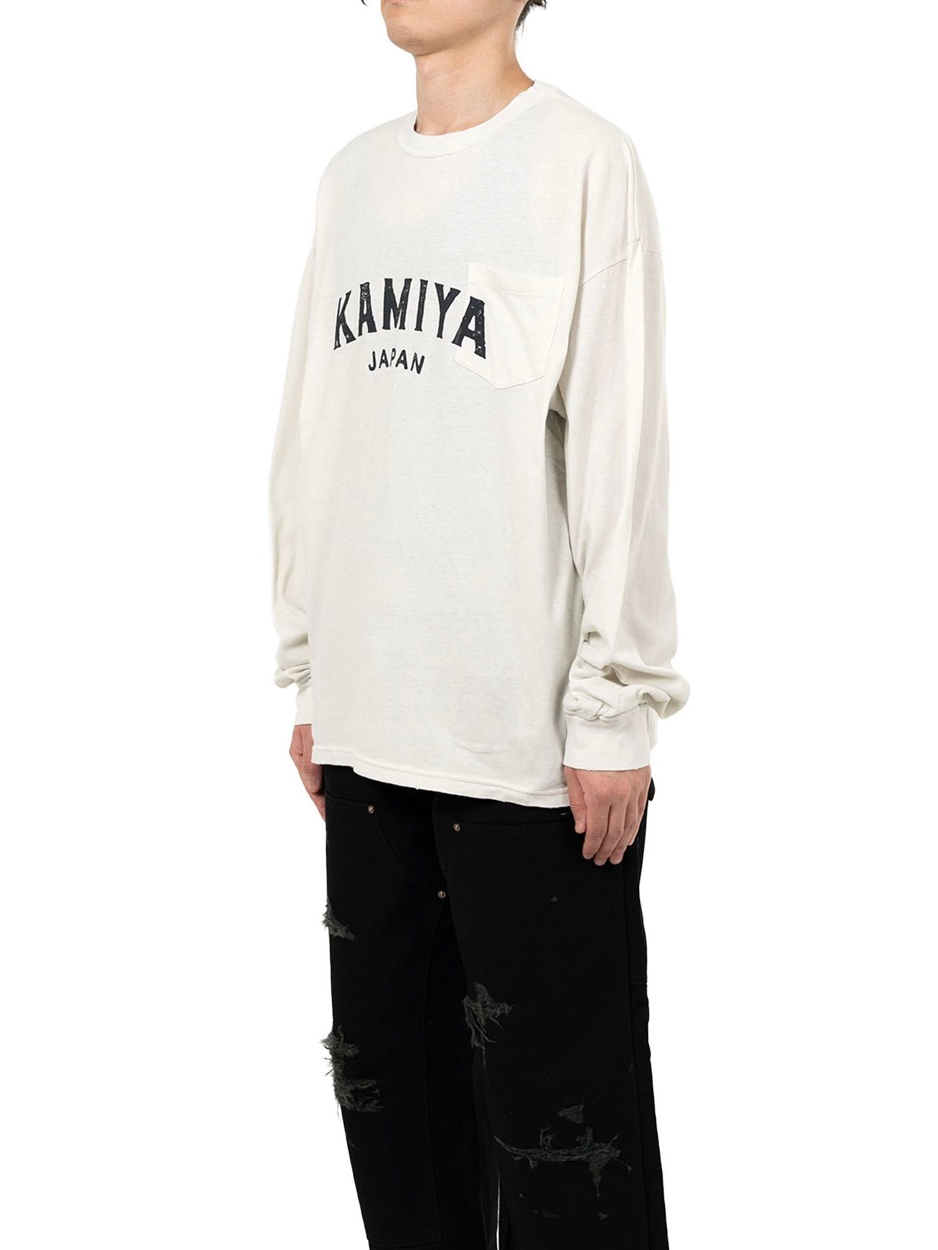 【25AW】カミヤ ロゴ ディストレスド ロング ポケット Tシャツ / "KAMIYA LOGO"DISTRESSED L/S POCKET TEE / ホワイト