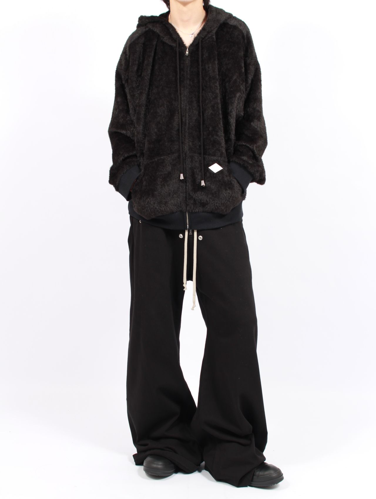 【25AW】テディベア フーデッド セーター シャギー ジップアップ パーカー / TEDDY BEAR HOODED SWEATER / ブラック