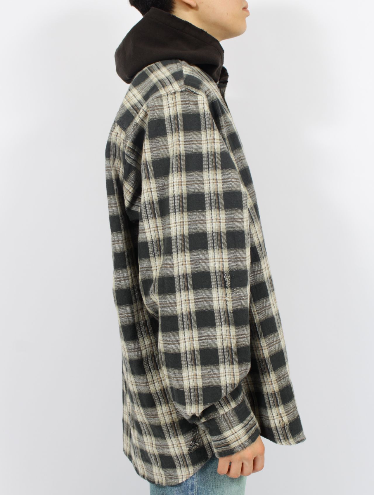 【25SS】ディストレスト チェック シャツフーディー パーカー / DISTRESSED CHECK SHIRT HOODIE / ブラック