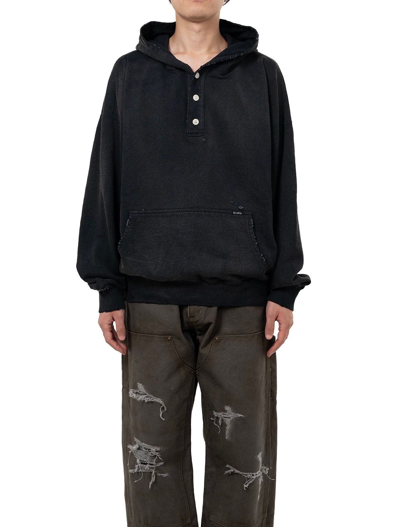 【25AW】ディストレスド ヘンリーネック パーカー / DISTRESSED HENRY NECK HOODIE / ブラック