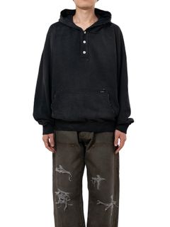 【25AW】ディストレスド ヘンリーネック パーカー / DISTRESSED HENRY NECK HOODIE / ブラック