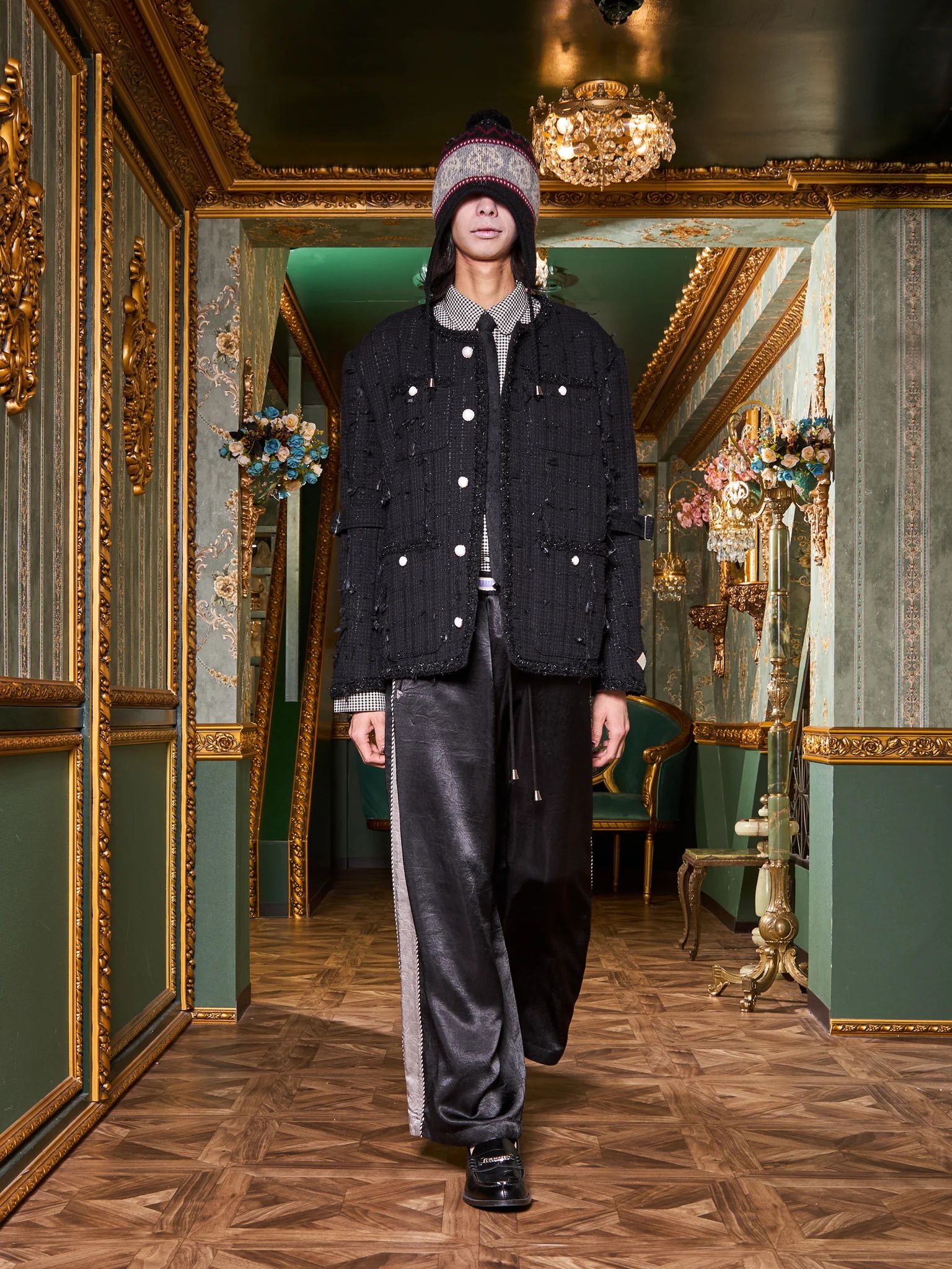 【25AW】ミックス リボン ツイード ノーカラー ボンテージ ジャケット / MIXED RIBBON TWEED NO COLLAR BONDAGE JKT / ブラック