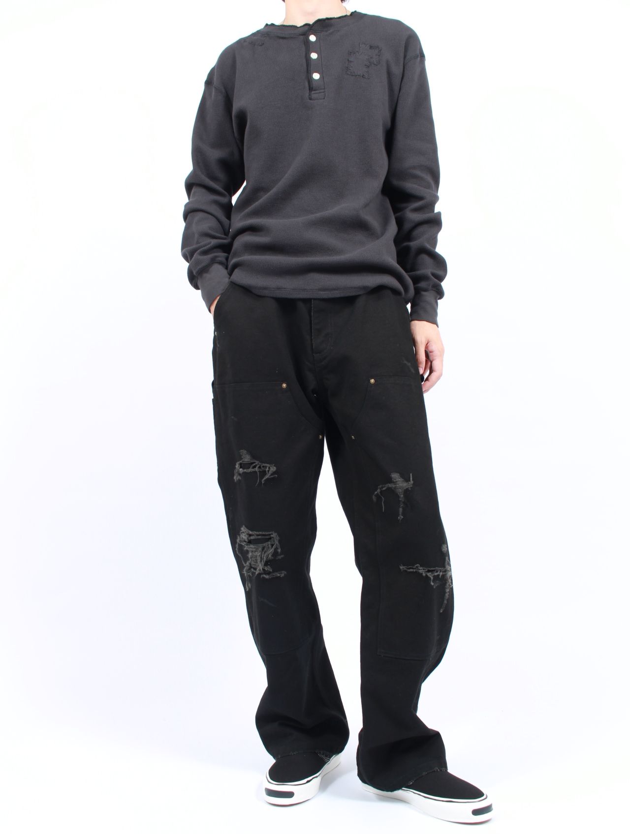 【25AW】ボロ ワッフルニット ヘンリー ロングスリーブ Tシャツ / BORO WAFFLEKNIT HENLEY L/S TEE / ブラック