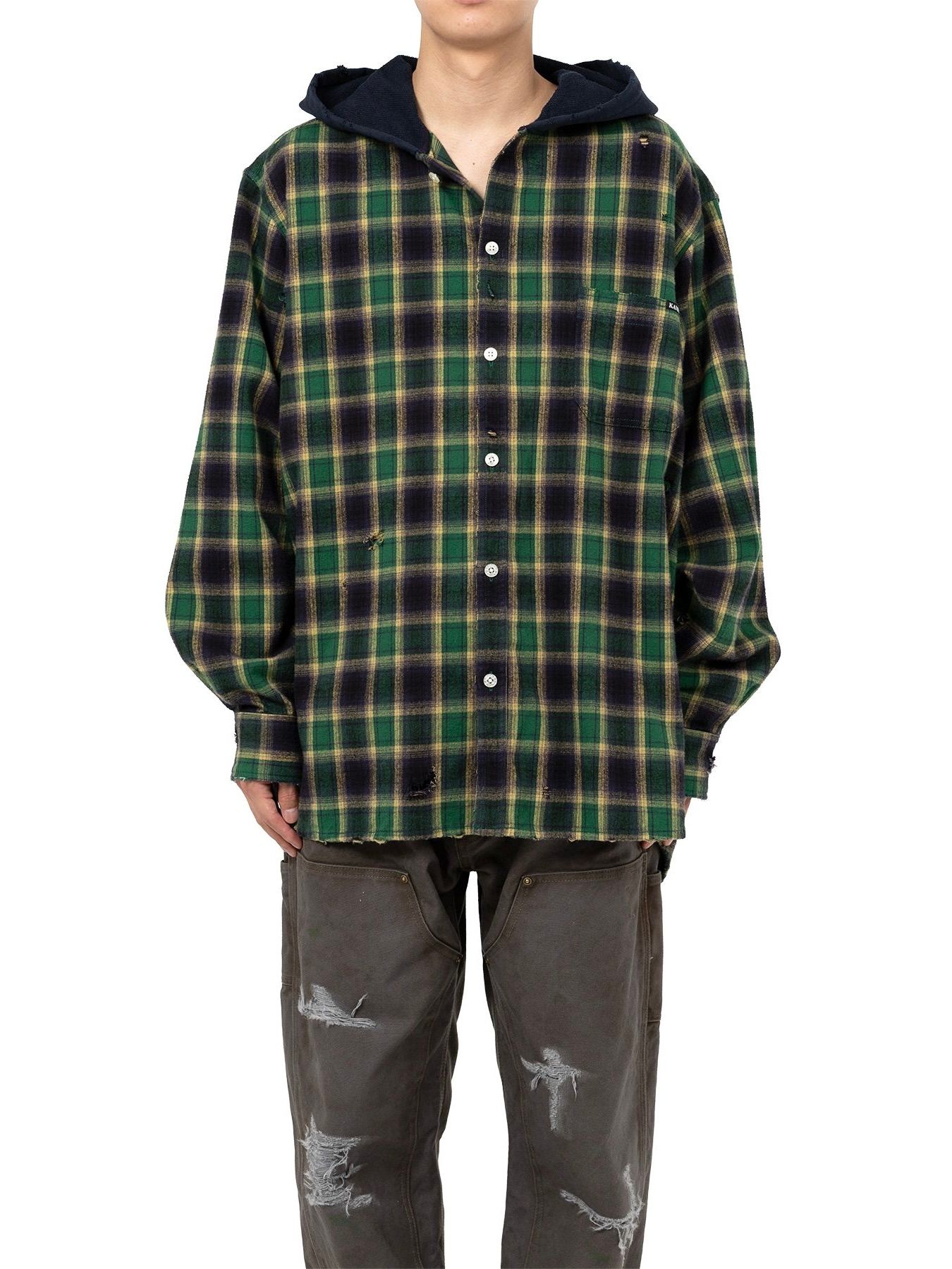 【25AW】ディストレスド フーデッド チェックシャツ / DISTRESSED HOODED CHEAKED SHIRT / グリーン