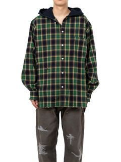 【25AW】ディストレスド フーデッド チェックシャツ / DISTRESSED HOODED CHEAKED SHIRT / グリーン