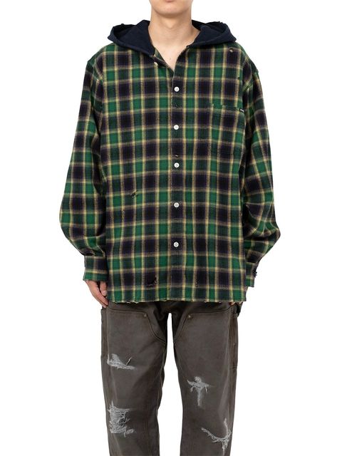 【25AW】ディストレスド フーデッド チェックシャツ / DISTRESSED HOODED CHEAKED SHIRT / グリーン