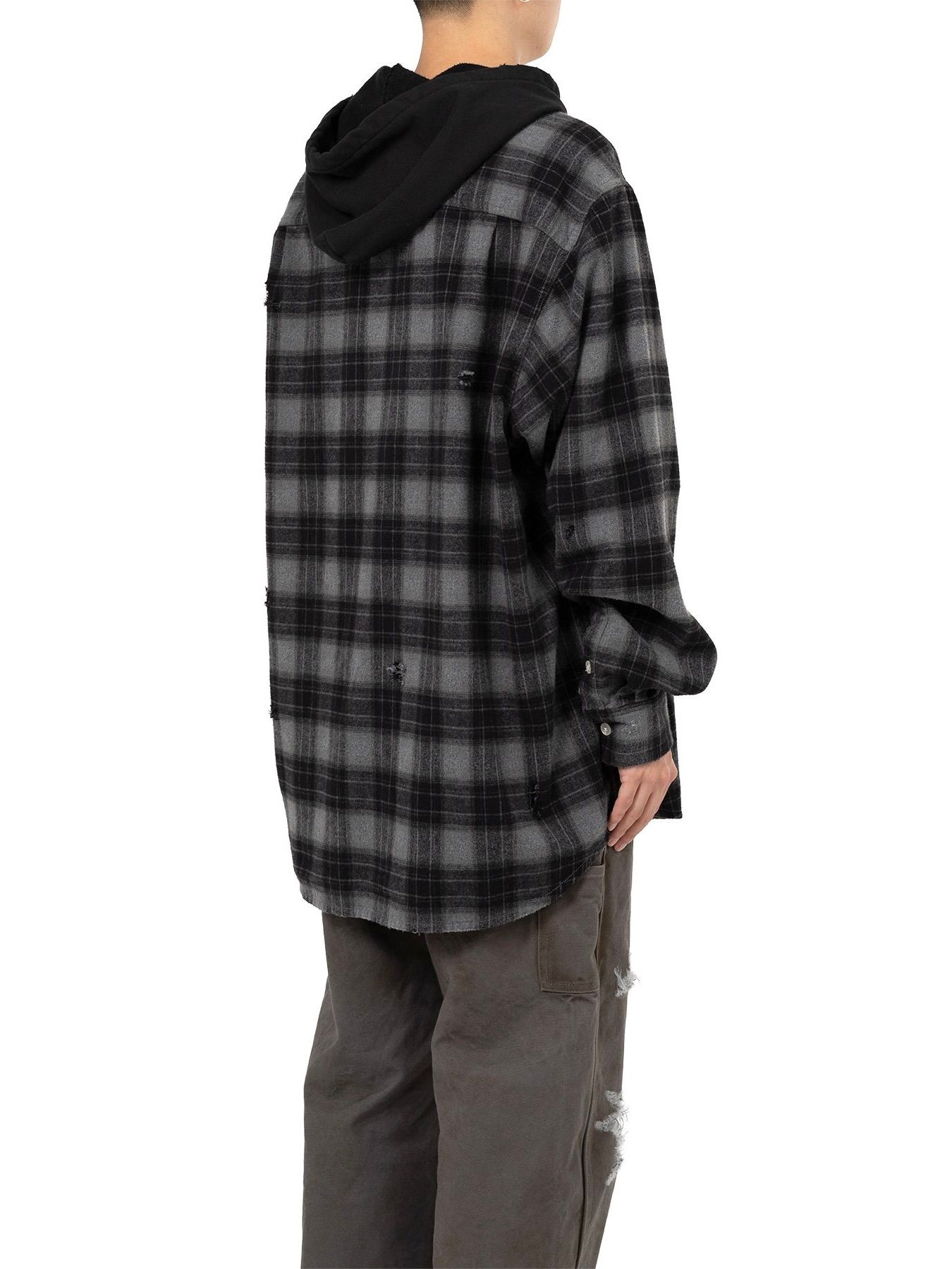 【25AW】ディストレスド フーデッド チェックシャツ / DISTRESSED HOODED CHEAKED SHIRT / ブラック