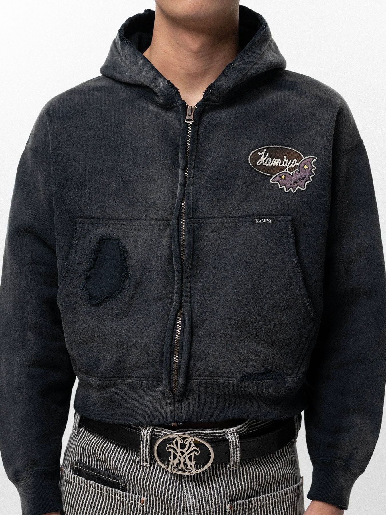 【26SS】リペアド ネイム パッチ ジップ ショート フーディー / REPAIRED NAME PATCH ZIP SHORT HOODIE / ブラック