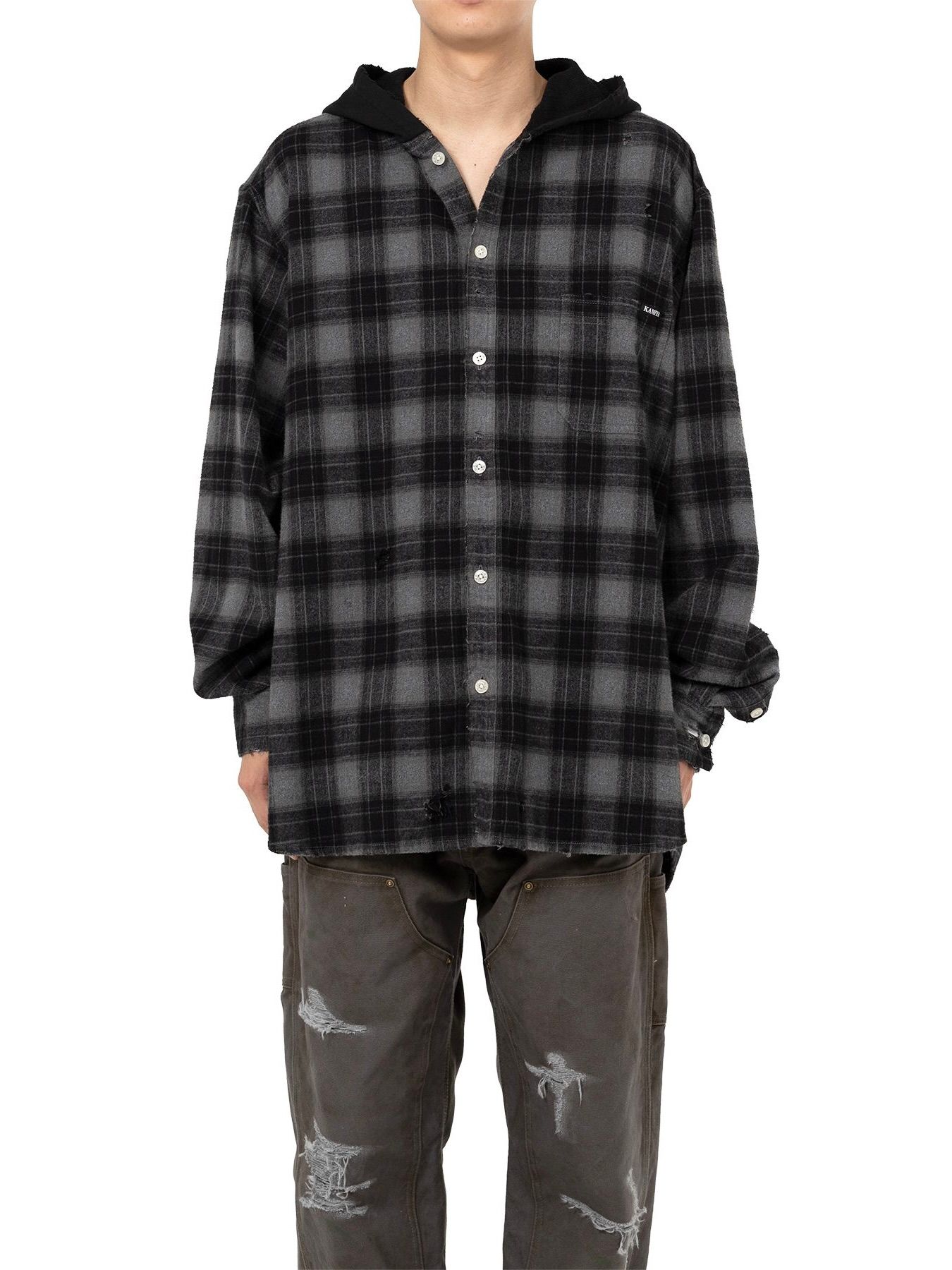 【25AW】ディストレスド フーデッド チェックシャツ / DISTRESSED HOODED CHEAKED SHIRT / ブラック