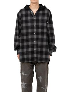 【25AW】ディストレスド フーデッド チェックシャツ / DISTRESSED HOODED CHEAKED SHIRT / ブラック