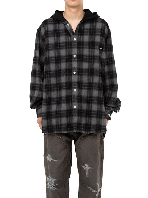 【25AW】ディストレスド フーデッド チェックシャツ / DISTRESSED HOODED CHEAKED SHIRT / ブラック