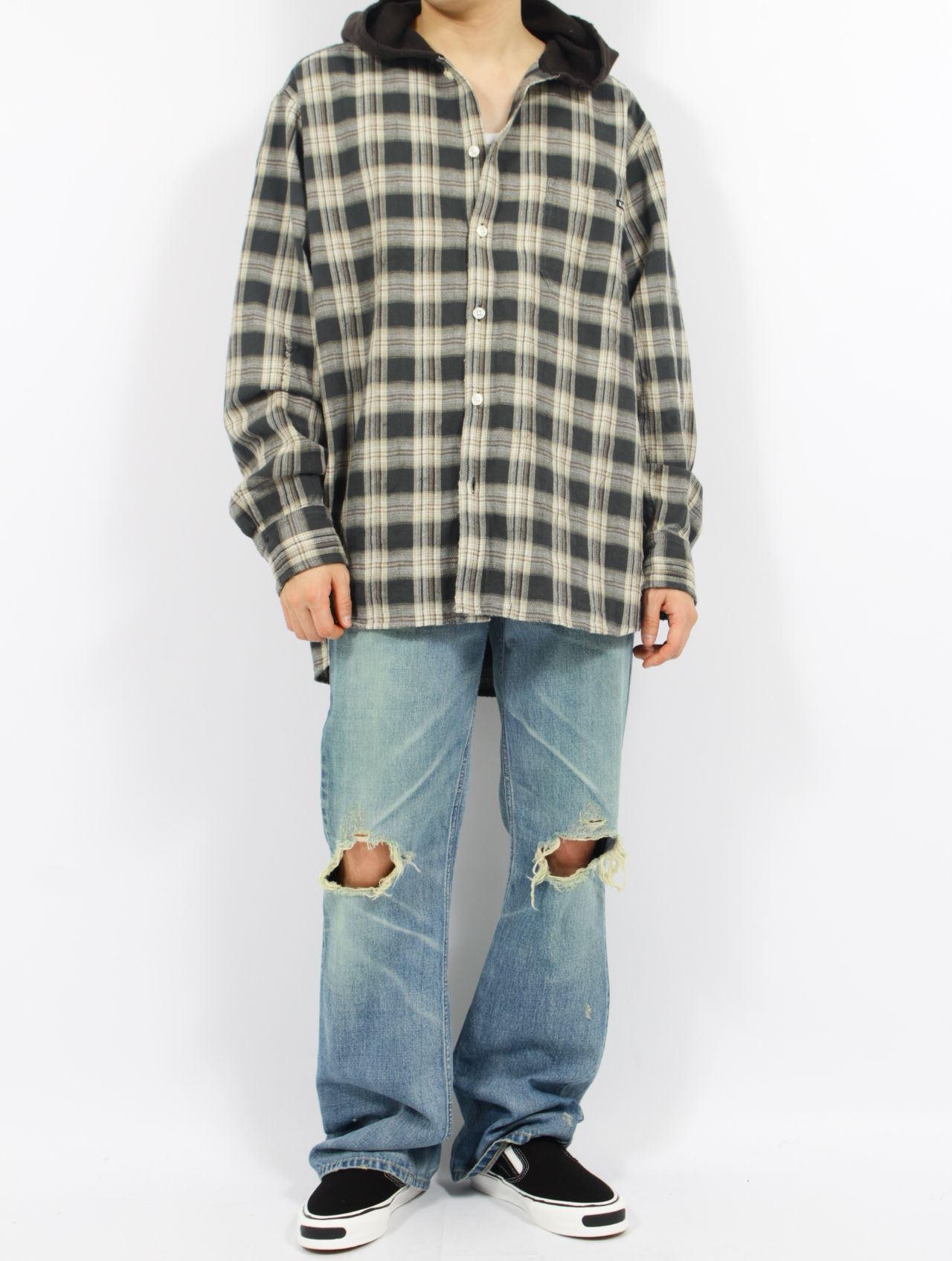 【25SS】ディストレスト チェック シャツフーディー パーカー / DISTRESSED CHECK SHIRT HOODIE / ブラック