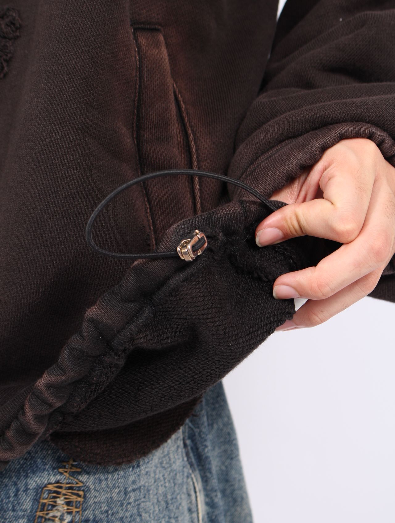 【25AW】ロック フーディー  TCロゴ レザー ダメージ加工 パーカー / ROCK HOODIE / ブラック