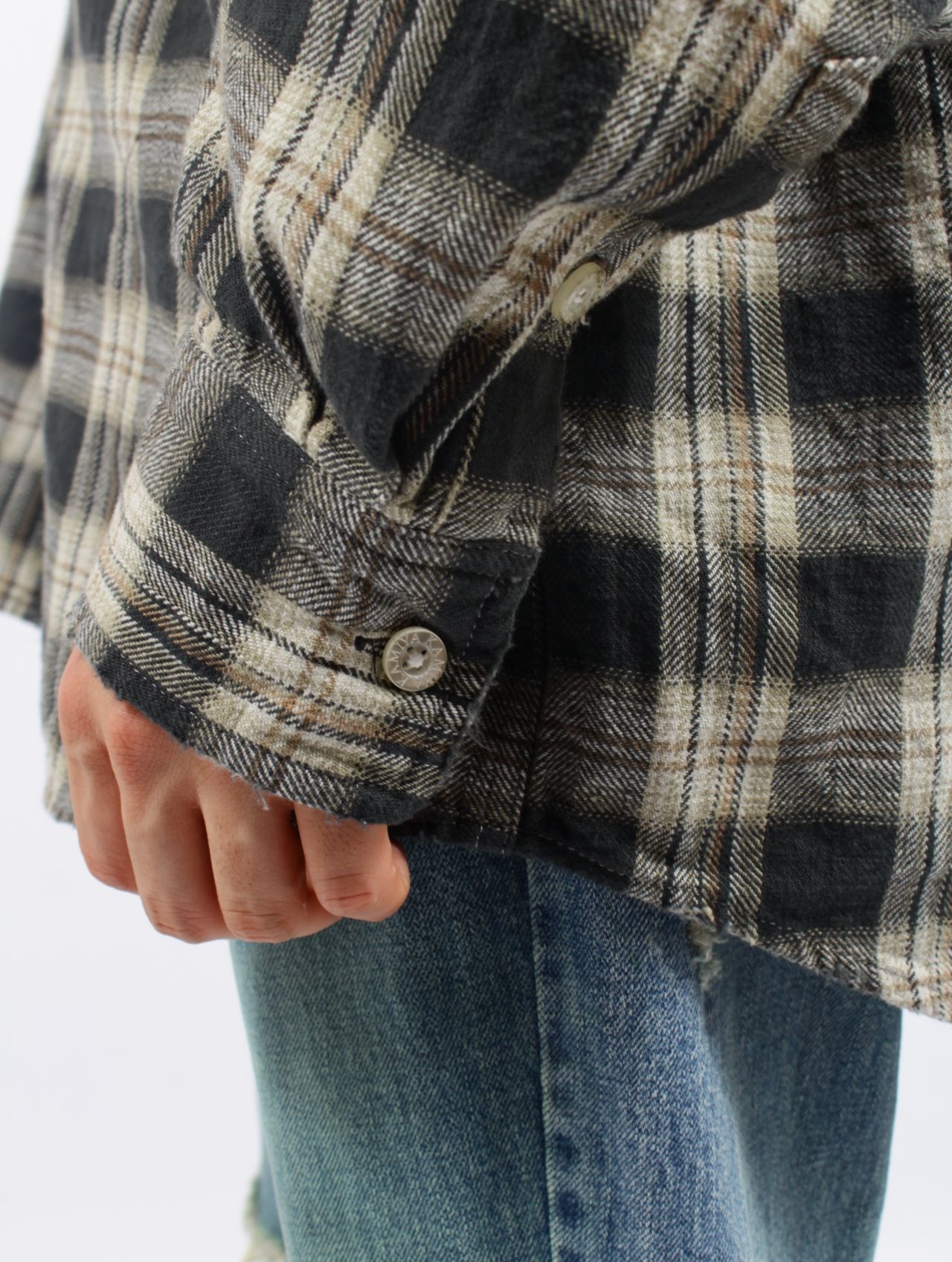 【25SS】ディストレスト チェック シャツフーディー パーカー / DISTRESSED CHECK SHIRT HOODIE / ブラック