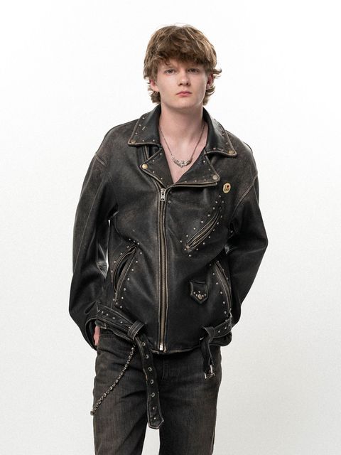 【26AW】 ディストレスト レザー スタデッド バイカー ジャケット / DISTRESSED LEATHER STUDDED BIKER JACKET / ブラック