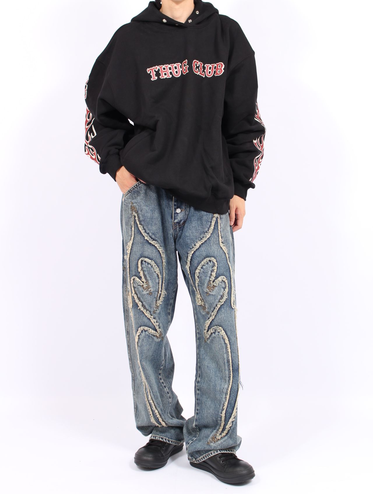 【25AW】レザー フレーム パーカー / LEATHR FLAME HOODIE / ブラック